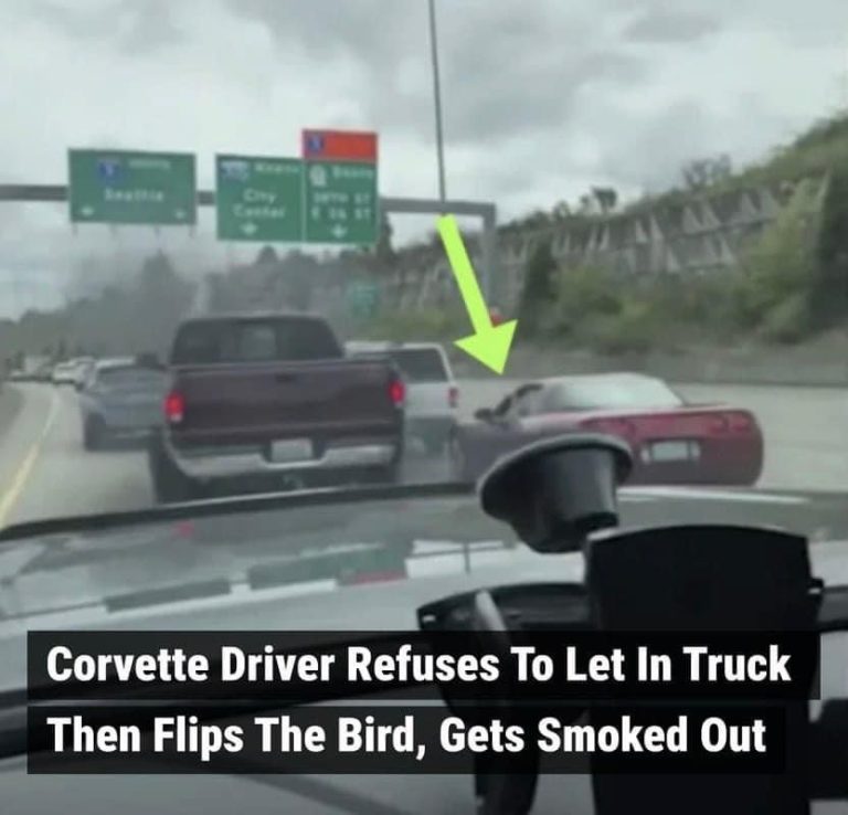 (VIDEO)Corvette Driver Refuses To Let In Truck Then Flips The Bird, Gets Smoked Out